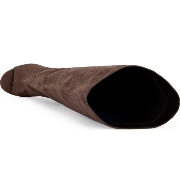 AZALEA WANG Vincent Knee High Open Toe Boots 6.5 Wedge Heel Brown Suede NEW - Picture 3 of 14